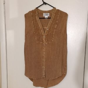 Embroidered Tan Sleeveless Blouse